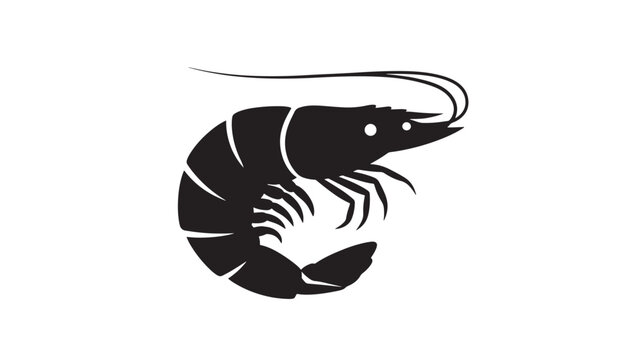 Shrimp icon with black silhouette and white background featuring seafood, crustacean, food with marine and animal elements for shellfish, aquatic