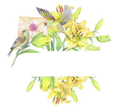 Vertical seamless border of the lilies and the birds. For packaging design, cards, cover, prints, product labels and fabric.