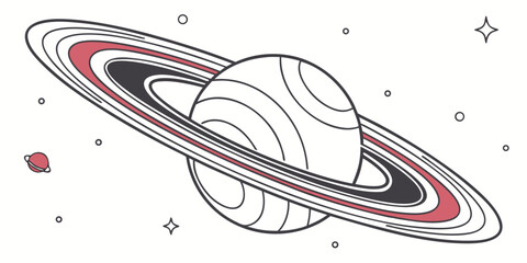 Minimalist outline illustration of saturn-like planet with prominent rings and tiny moon in space with stars solar system line art science fiction astronomy universe celestial exploration © Mamun