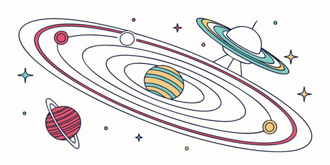 Minimalist outline illustration of a colorful planetary solar system with multiple planets and elliptical orbits in space line art science fiction milky way astronomy universe celestial © Mamun
