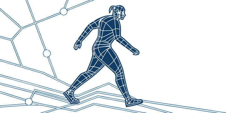 Blue wireframe female figure walking on a digital network representing virtual reality and cybernetic progress with artificial intelligence machine learning computer graphics 3D model line art
