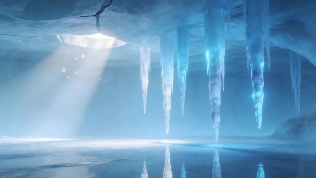 Ice cave with icicles and light beams