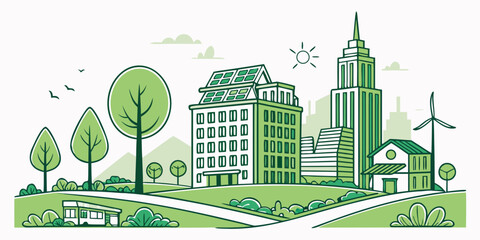 Sustainable eco city landscape illustration with solar panels wind turbine and green buildings for renewable energy concept sustainable renewable environment architecture building landscape © Mamun
