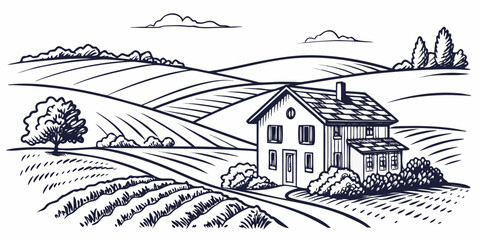 Rural farmhouse sketch with rolling hills and tilled farmland fields hand drawn line art illustration of countryside scenery with traditional house and clouds landscape countryside agriculture © Mamun