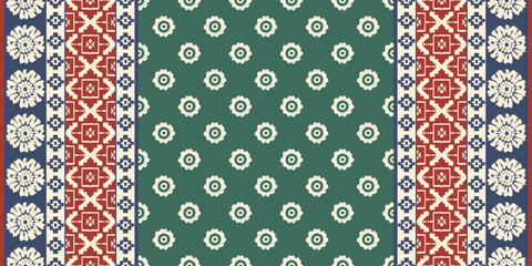 Traditional ethnic floral embroidery pattern with beige motifs on green and red background, inspired by Indian saree textile design, perfect for clothing, carpet, fabric, and fashion artwork. © supachai