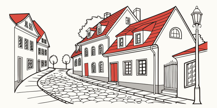 Clean line art drawing of a peaceful european village street with white buildings and distinct red roofs on a cobblestone road architecture buildings cobblestone historic exterior perspective