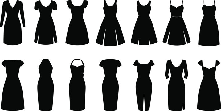 Large collection of black female dress silhouettes featuring various cocktail evening and summer fashion styles isolated on white background vector.
