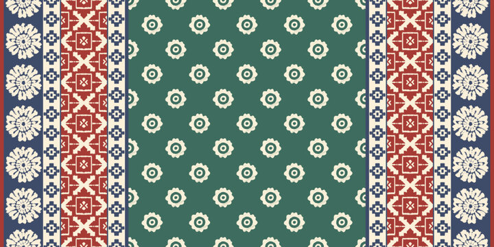 Traditional ethnic floral embroidery pattern with beige motifs on green and red background, inspired by Indian saree textile design, perfect for clothing, carpet, fabric, and fashion artwork.