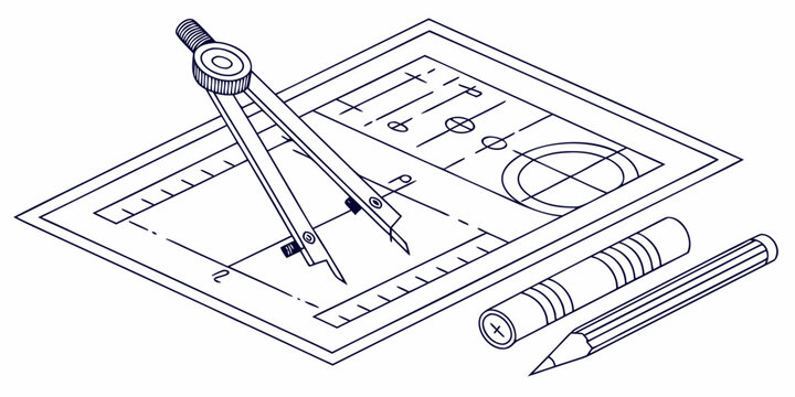 Isometric technical drawing tools including a drawing compass and pencil over a blueprint plan on a workspace with technical blueprint isometric architecture engineering drafting workspace