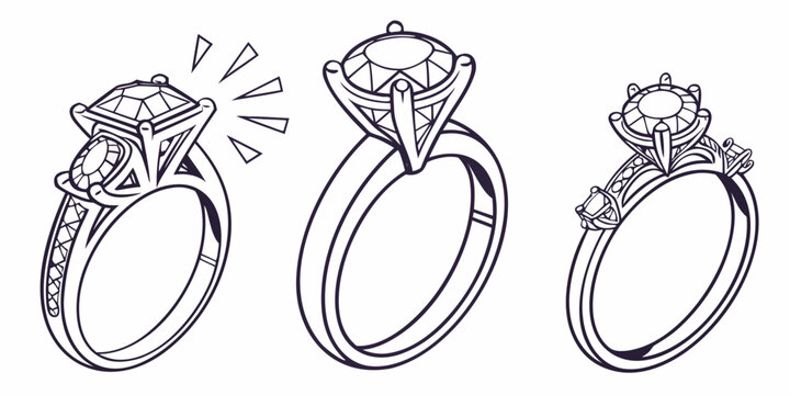 Line art set of three different diamond engagement rings with various gemstone cuts and decorative bands jewelry design engagement gemstone accessory platinum collection precious treasure