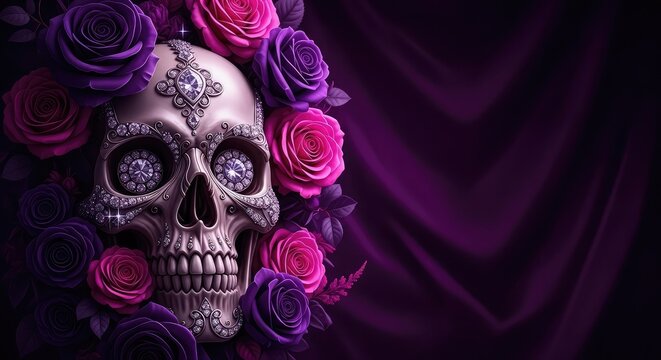 Skull adorned with roses a dark floral portrait of mortality