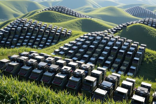A landscape where the rolling hills are entirely composed of tightly packed, autonomously typing typewriters.