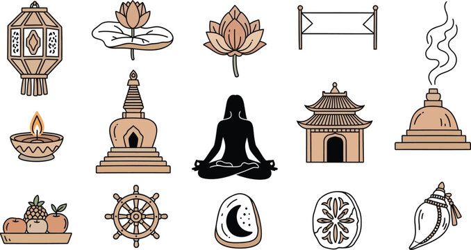 Spiritual Buddhism meditation flat vector collection of zen elements