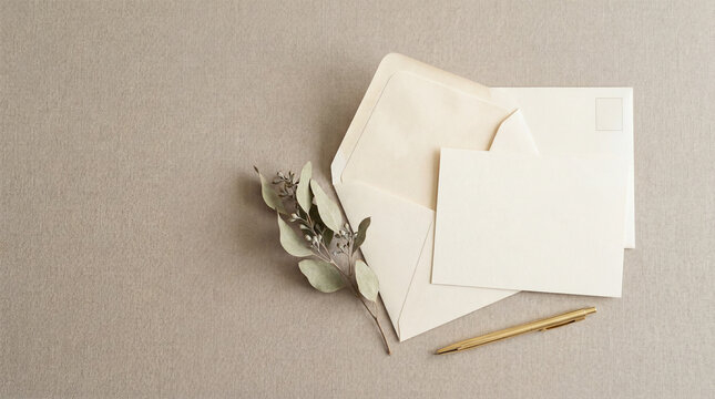 A beautifully arranged stationery set with a blank card, envelope, and gold pen on a neutral background.