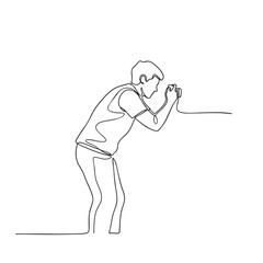 Obraz premium Continuous line drawing of a young photographer leaning forward holding a professional dslr camera capturing perfect shots.