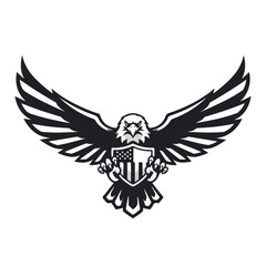Obraz premium A powerful eagle holding a shield with the American flag in a bold black silhouette, symbolizing freedom and patriotism against a clean white background
