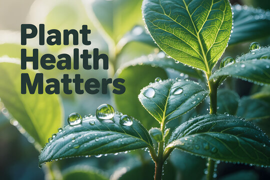 Plant Health Matters typography on green leaves, fresh dew drops on garden foliage, botanical growth and environmental wellness concept