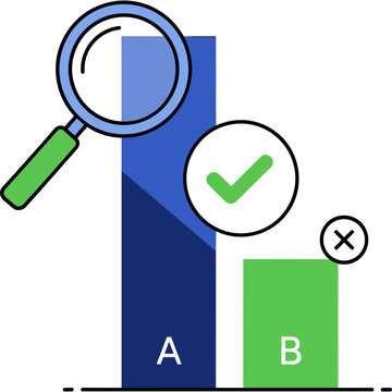 A magnifying glass examines a bar chart comparing options A and B.