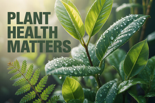 Plant health matters typography on lush green leaves, fresh foliage with water droplets, botanical garden background for environmental awareness