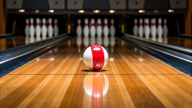 red bowling ball rolling on polished wooden lane in modern alley