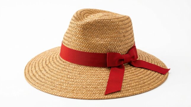 Straw Fedora Hat with Red Ribbon Bow on White Background