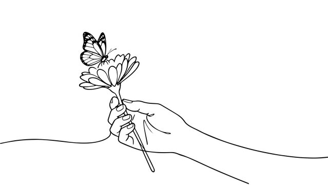 Minimalist Line Art Two Hands Holding Flowers Romantic Connection Illustration for Sticker PNG