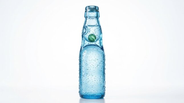 Blue Glass Marble Stopper Ramune Soda Bottle with Water Drops