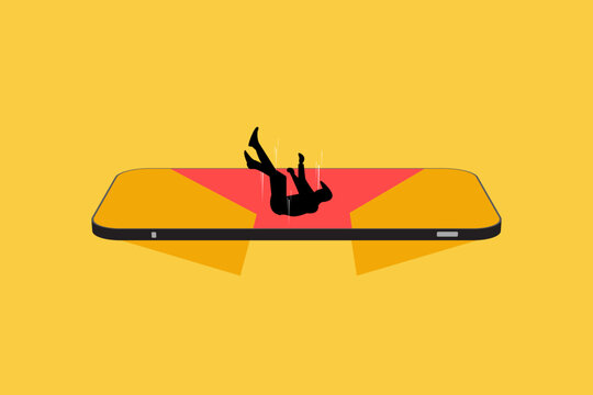 Businessman falling into a digital trap or financial hole through a smartphone screen on bright yellow background