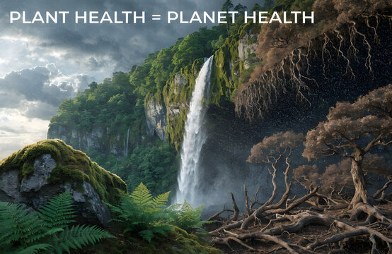 Environmental conservation concept with waterfall and dead forest, plant health equals planet health text, ecological climate change awareness
