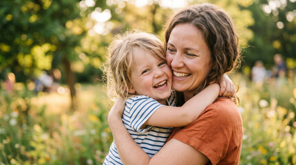 Obraz premium Happy mother and young child hugging and laughing together outdoors in a green park with warm natural light and soft bokeh background.
