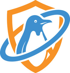 Obraz premium Abstract penguin logo design inside a shield shape with a circular orbit element