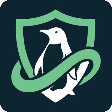 Security shield icon with a penguin silhouette inside, cyber protection concept