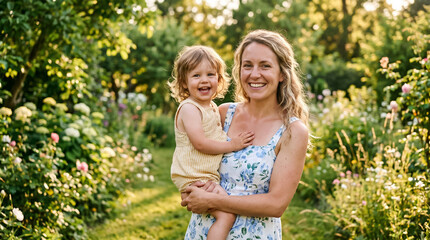 Fototapeta premium Happy mother and young child hugging and laughing together outdoors in a green park with warm natural light and soft bokeh background.