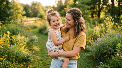 Fototapeta premium Happy mother and young child hugging and laughing together outdoors in a green park with warm natural light and soft bokeh background.