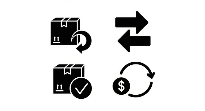 E-commerce business solutions a set of vector icons depicting product returns, exchanges, confirmed delivery, and money-back refund processes