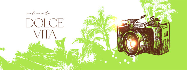 Hand drawn sketch tropical poster. Dolce vita summer vibe. Vintage summer Italy Mediterranean coastal vacation banner. Vector illustration © pim