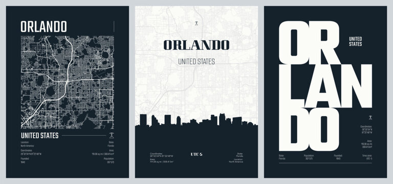 Detailed urban street plan city map Orlando is a city in and the county seat of Orange County, Florida, United States, Vector set of travel posters, Silhouette skyline artwork, kit 2