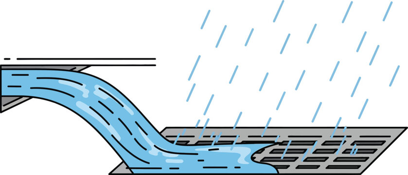 A storm drain is depicted with a large volume of water flowing out onto a grate as rain falls heavily, illustrating effective water management and drainage systems during intense precipitation.