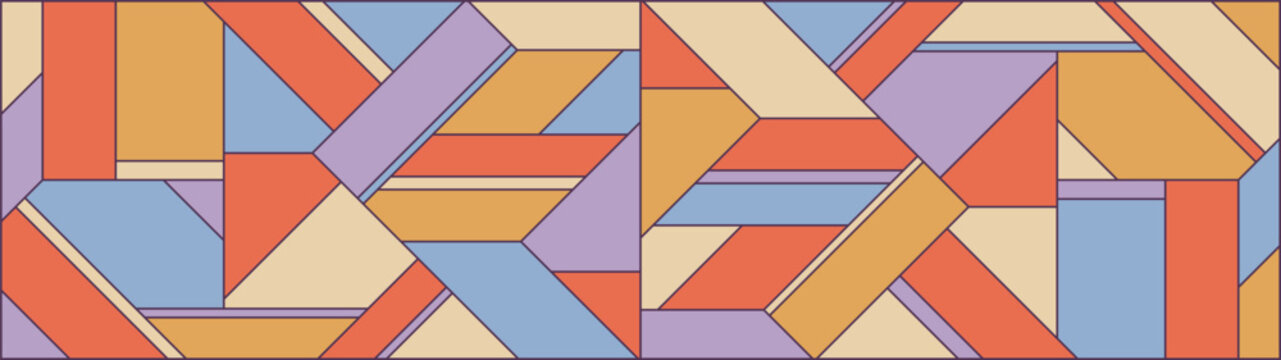 Abstract geometric mosaic pattern of cubism and stained glass techniques with line ornament pastel color, artwork combination of warm terracotta, muted blue and lavender on beige background