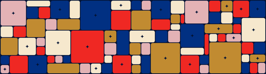 Fototapeta na wymiar Vibrant mid-century modern geometric pattern with minimalist flat colorful rounded squares and stars, Bauhaus style background in red, blue and mustard colors, retro bizarre abstract ornament