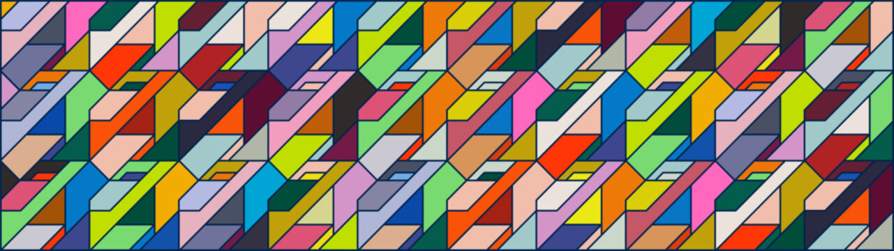 Vibrant abstract pattern of isometric shapes and mosaic stained glass effect, Colorful geometric labyrinth, vector background with complex palette in the style of constructivism and brutalism