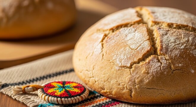 fresh baked bannock bread, traditional indigenous flatbread served on a wooden board with a colorful patterned coaster. Perfect for content about cultural heritage, indigenous cuisine, or outdoor surv