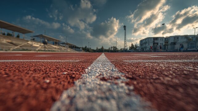 Perspective shot of an empty running track with cloudy skies at sunset
