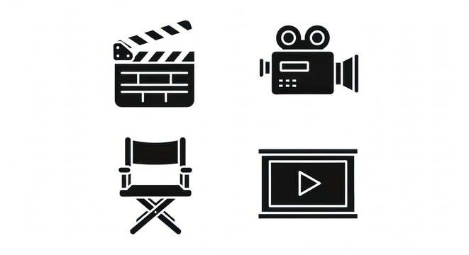 Film Production and Entertainment Icons Set Movie Clapperboard, Camera, Director's Chair, and Play Button