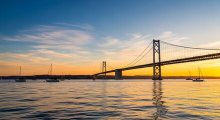 Fototapeta premium Suspension bridge over water with sailboats at sunset