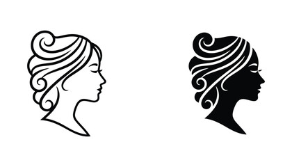 Elegant woman profile portrait with flowing hair vector graphic set featuring detailed line art and solid black silhouette versions for beauty and salon branding © Mark