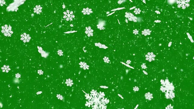 A vibrant green screen displays a gentle snowfall of delicate white snowflakes, creating a wintery atmosphere.