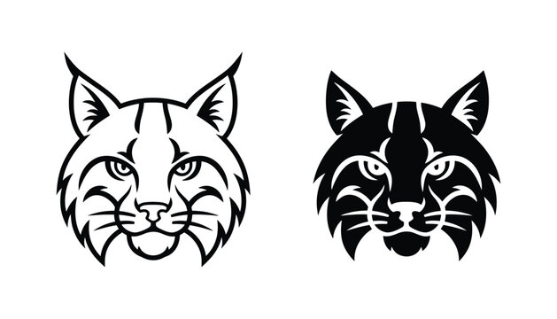 Bobcat head portrait vector graphic set featuring a fierce expression in both clean line art and solid black silhouette styles for sports and wildlife branding