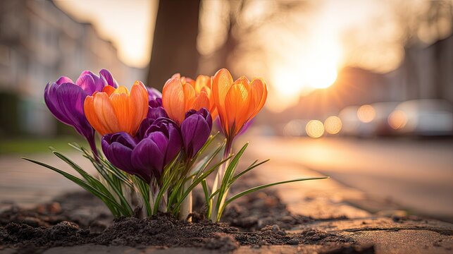 Vibrant springtime blossoms emerge from dark soil near a sunlit urban roadside at dusk