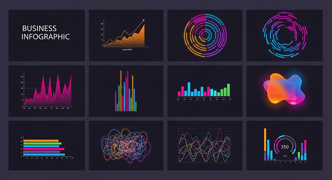 Comprehensive business infographic set with various charts and abstract shapes infographic business analysis statistics collection gradient abstract elements marketing corporate information